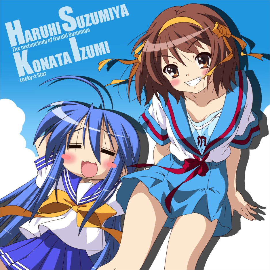 2girls, bad_id, blue_background, blue_hair, blush, bow, brown_eyes, brown_hair