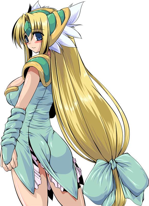 1girl, ass, blonde_hair, blue_eyes, blush, bow, liese, long_hair