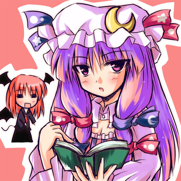 2girls, bat_wings, blue_ribbon, blush, book, bow, crescent, crescent_hair_ornament