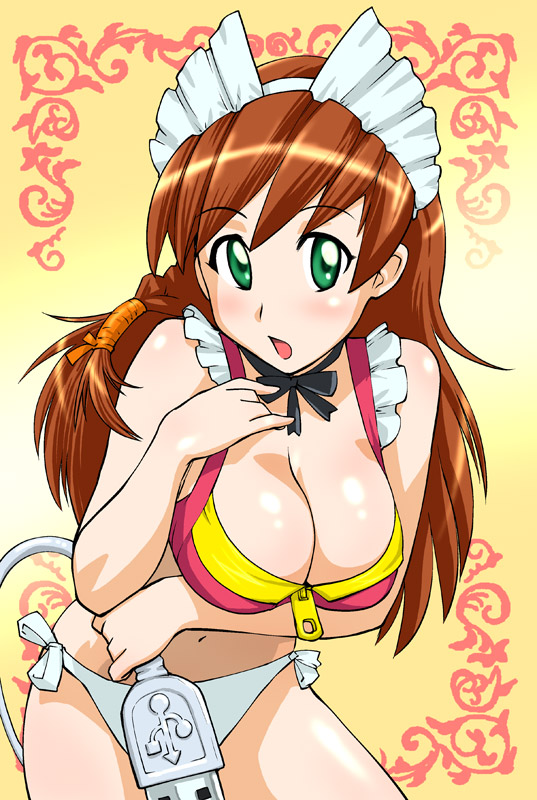 00s, 1girl, bow, bowtie, bra, breasts, brown_hair, cleavage, cyberdoll_may, green_eyes, hand_maid_may, lingerie, panties, solo, ueyama_michirou, underwear, underwear_only, usb