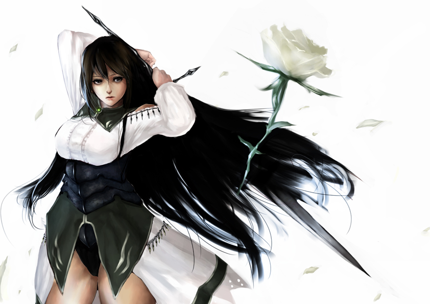 1girl, arms_up, asanuma, bad_id, black_hair, cowboy_shot, fantasy_earth_zero, flower