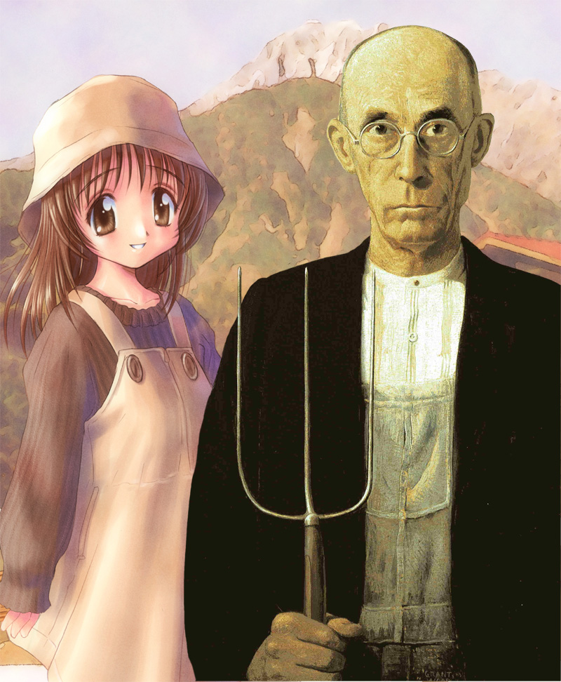 american_gothic, fine_art_parody, goto_p, overalls, parody, photoshop, pitchfork, what