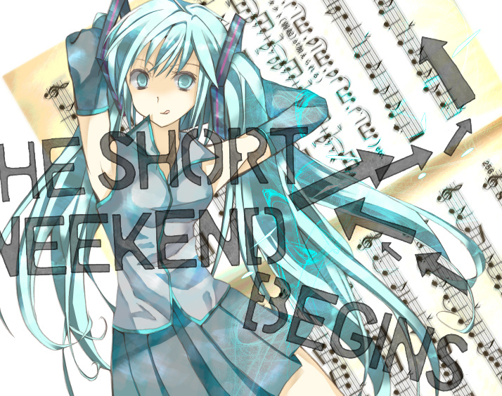 1girl, armpits, arms_behind_head, blue_eyes, blue_hair, hatsune_miku, ise, solo