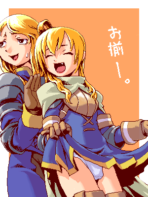 1boy, 1girl, agrias_oaks, ahoge, armor, armored_dress, atlus, bad_id, blonde_hair, bulge, cape, crossdressinging, fang, final_fantasy, final_fantasy_tactics, gloves, knight_(fft), lipstick, long_hair, lowres, makeup, mikuni_aoi, oekaki, paladin, panties, pantyshot, ramza_beoulve, sekaiju_no_meikyuu, skirt, skirt_lift, sweatdrop, thigh-highs, trap, underwear, white_panties