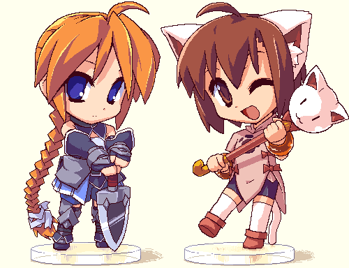 2girls, animal_ears, armor, bike_shorts_girl_(tomoshibi_hidekazu), blonde_hair, braid, brown_hair, cat_ears