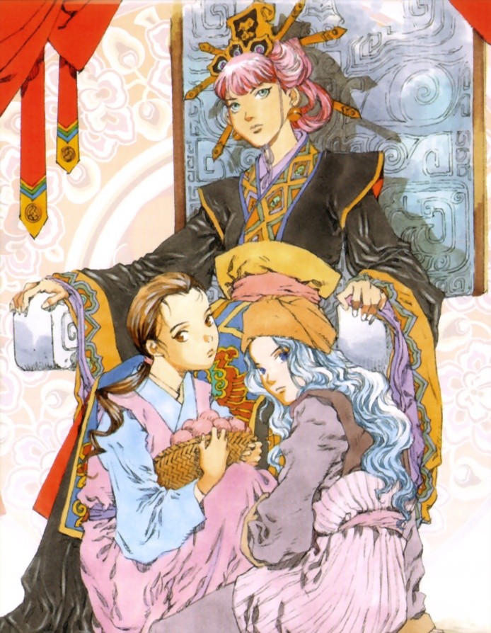 3girls, chinese_clothes, faux_traditional_media, hanfu, juuni_kokuki, multiple_girls, nakajima_youko, official_art, ouki_suzu, shoukei, shoukei_(juuni_kokuki), yamada_akihiro