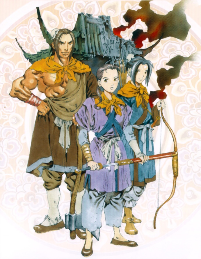 1girl, 2boys, axe, blue_hair, bow_(weapon), brown_hair, bun_cover, faux_traditional_media
