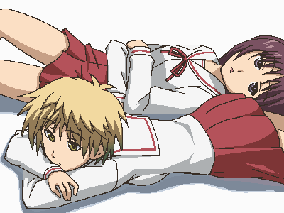 2girls, androgynous, awa, blonde_hair, breast_press, brown_hair, collarbone, crossed_arms