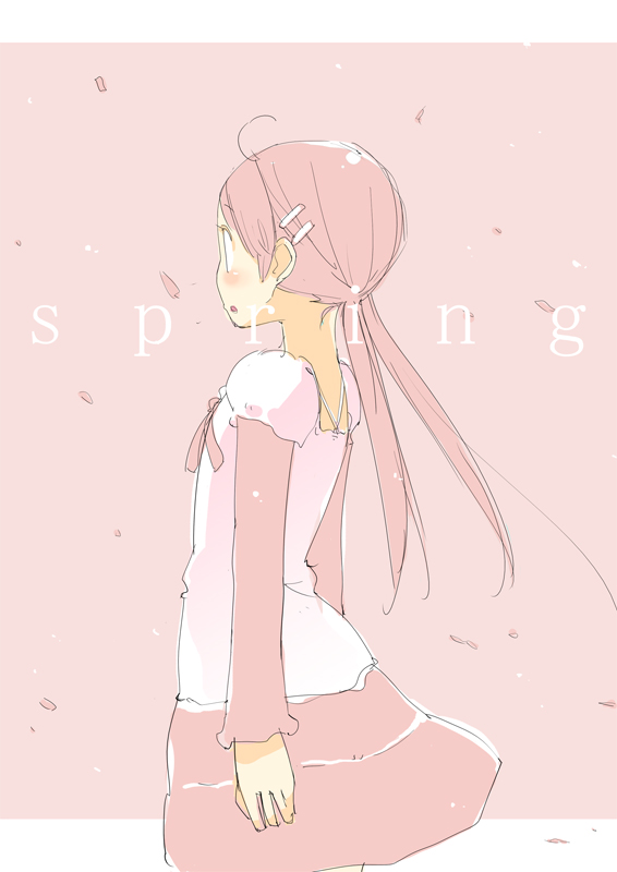 1girl, blush, bow, cherry_blossoms, dress, english, madam_s, original, pink_background, pink_hair, pink_skirt, plait, profile, skirt, solo