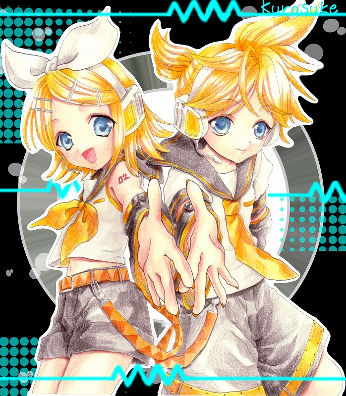 1boy, 1girl, bad_id, blonde_hair, blue_eyes, brother_and_sister, headset, kagamine_len