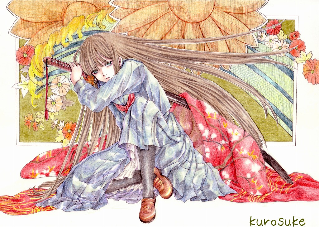 1girl, bad_id, kurosuke, kurotani-tasuke, original, solo, sword, weapon