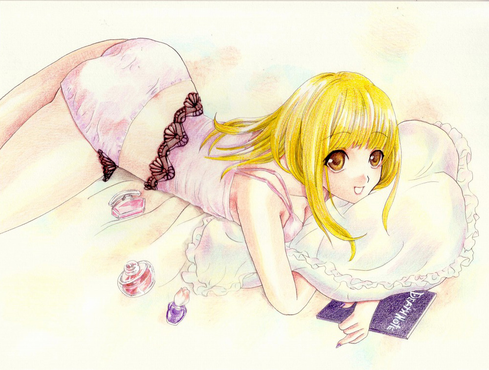 amane_misa, bad_id, death_note, death_note_(object), kurosuke, kurotani-tasuke, lingerie, lying, underwear