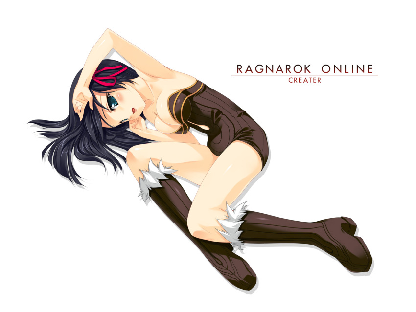 1girl, alchemist, alchemist_(ragnarok_online), arm_up, black_hair, blush, boots, breast_clinging
