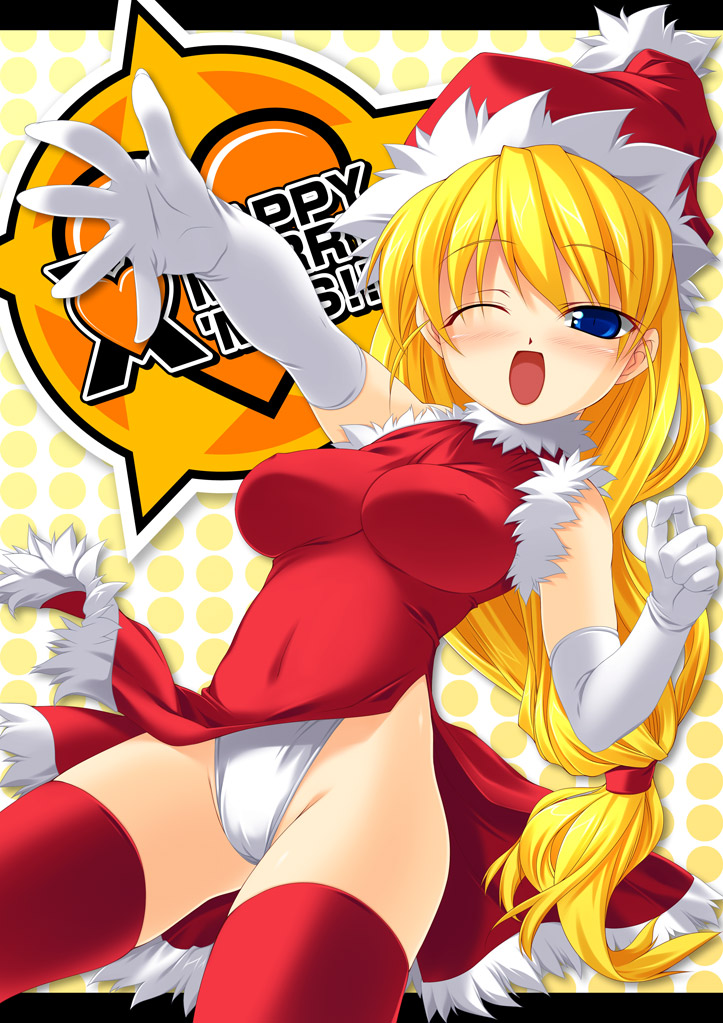 1girl, blonde_hair, blue_eyes, blush, breasts, christmas, elbow_gloves, erect_nipples