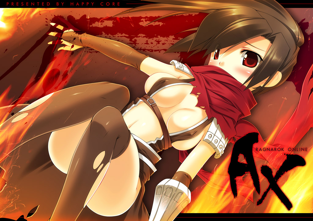 1girl, assassin, assassin_cross, blood, breasts, brown_hair, brown_legwear, copyright_name