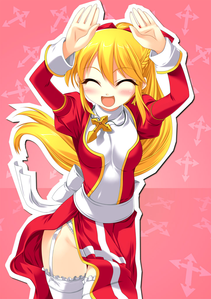 1girl, blonde_hair, caramelldansen, garters, happy, happy_core_(artist), high_priest, kinoshita_ichi