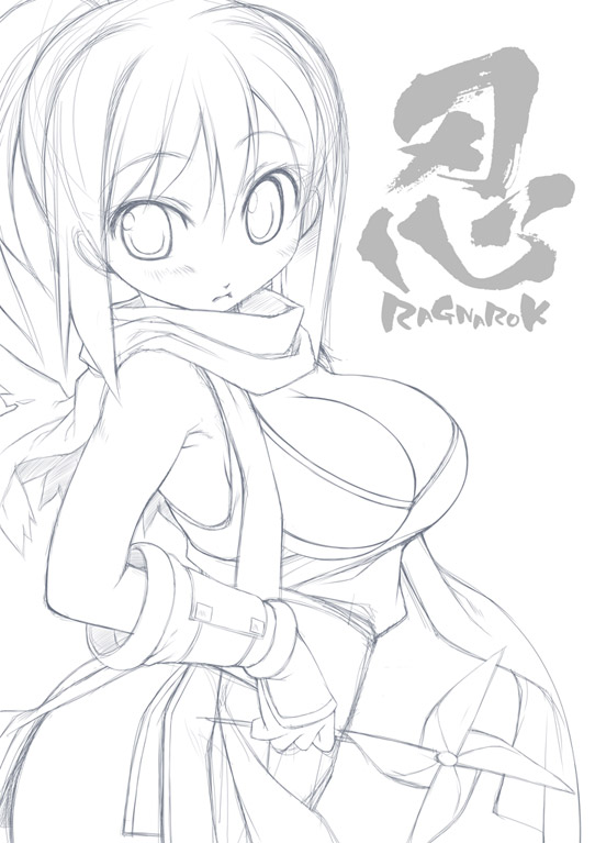 1girl, breasts, cleavage, happy_core_(artist), kinoshita_ichi, large_breasts, monochrome, ninja