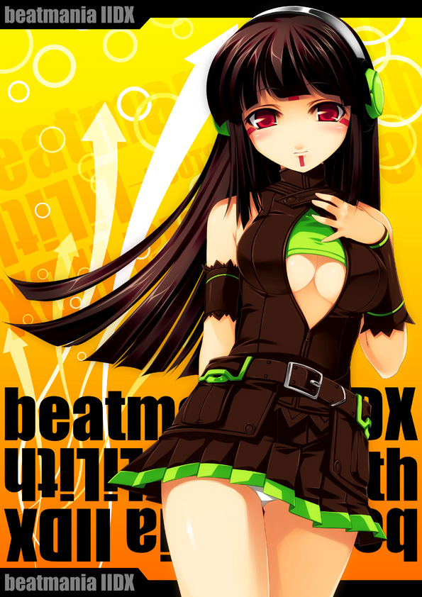1girl, armband, bangs, bare_shoulders, beatmania, beatmania_iidx, belt, black_hair, blunt_bangs, breasts, center_opening, copyright_name, detached_sleeves, directional_arrow, facial_mark, female, happy_core_(artist), hinazuki_lilina, hinazuki_ririna, kinoshita_ichi, light_smile, long_hair, looking_at_viewer, panties, pantyshot, pantyshot_(standing), pleated_skirt, red_eyes, skirt, sleeveless, solo, standing, turtleneck, under_boob, underwear, upskirt, wristband