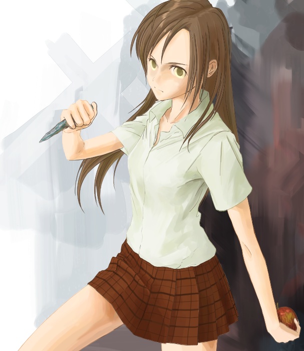 1girl, apple, brown_eyes, brown_hair, food, fruit, long_hair, miyahara_koumei