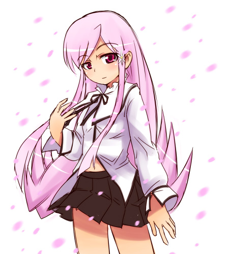 1girl, black_bow, black_skirt, bow, cherry_blossoms, legs, looking_at_viewer, lowres