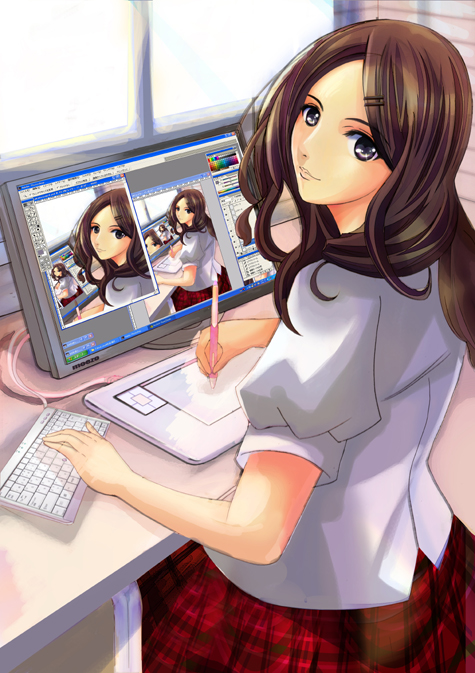 brown_hair, computer, drawing, hair_ornament, hairclip, looking_back, mitsuki_okazaki, okazaki_mitsuki