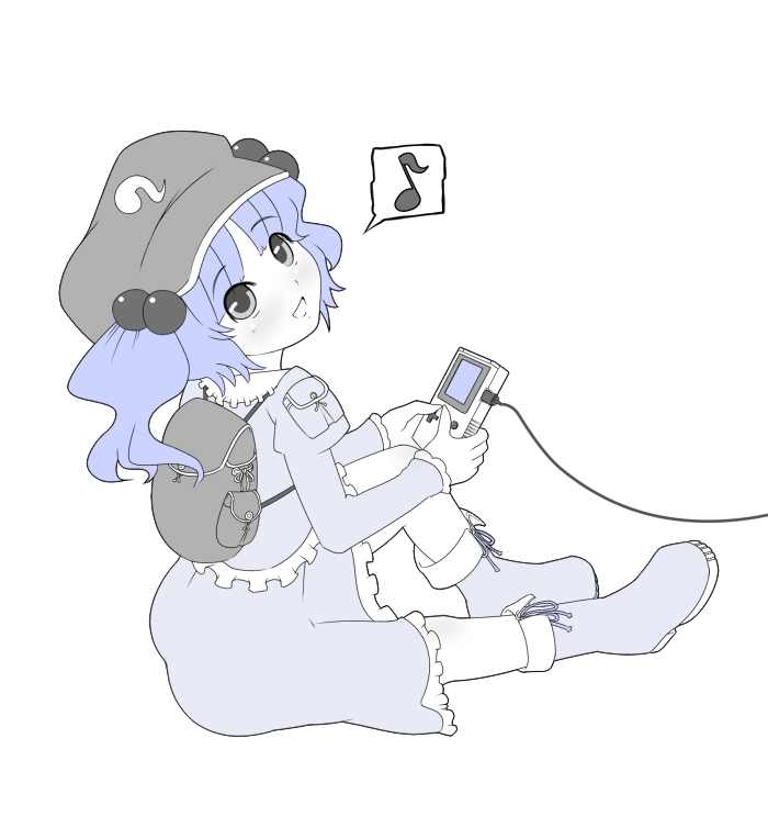 1girl, blue, female, game_boy, game_link_cable, handheld_game_console, kawashiro_nitori, monochrome