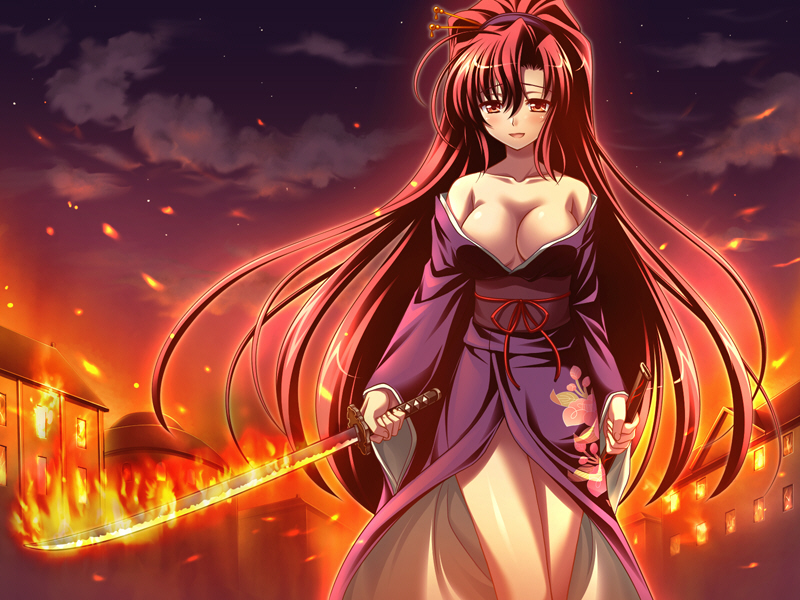 breasts, cleavage, engage_links, fire, game_cg, holding, japanese_clothes, katana