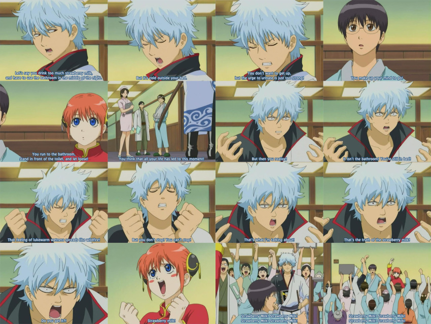 6+boys, 6+girls, fansub, gintama, kagura_(gintama), multiple_boys, multiple_girls, rally, sakata_gintoki, screencap, shimura_shinpachi, strawberry_milk, subtitled, truth
