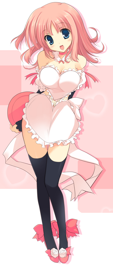 1girl, :3, :d, apron, arms_behind_back, black_legwear, blue_eyes, blush
