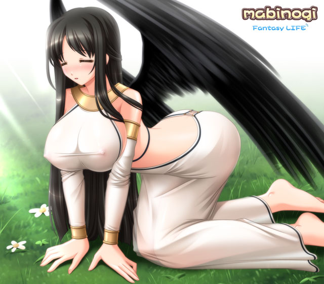 1girl, barefoot, black_hair, breasts, closed_eyes, copyright_name, detached_sleeves, half_updo