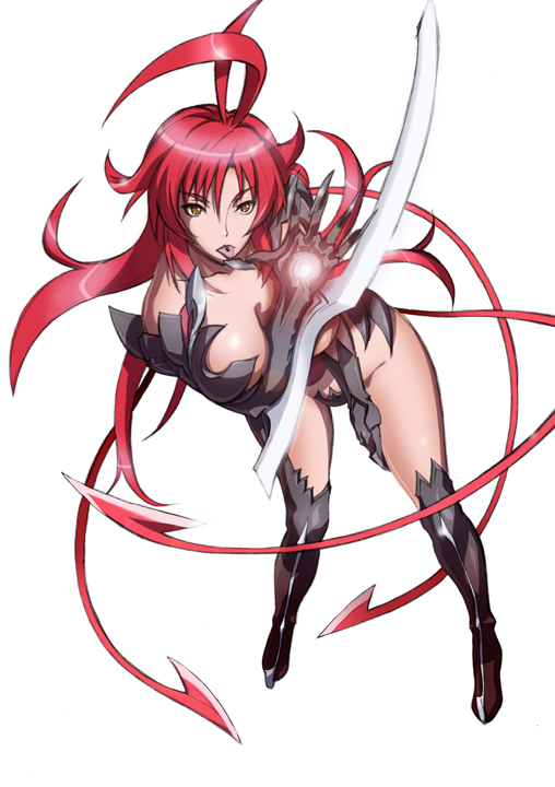 1girl, amaha_masane, arm_blade, armor, between_breasts, bikini_armor, black_sclera, blade, breasts, brown_eyes, long_hair, morisu, redhead, solo, tongue, weapon, witchblade