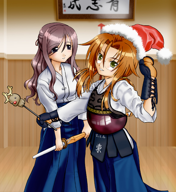 2girls, azuma_satori, bamboo_blade, christmas, glasses, hakama, hat, japanese_clothes