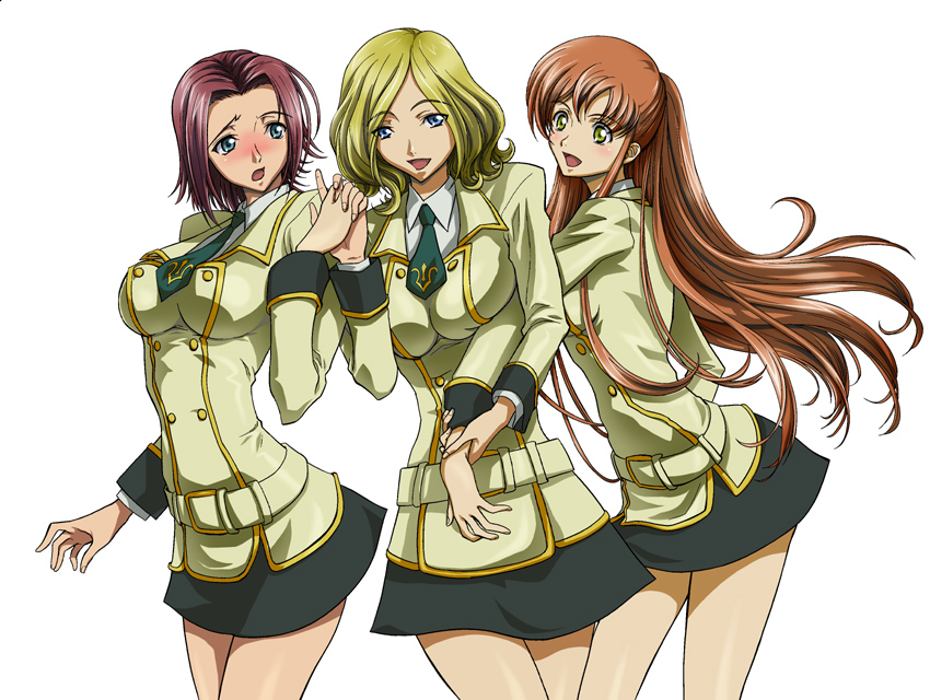3girls, blonde_hair, blue_eyes, bow, bowtie, breasts, brown_hair, code_geass, green_bow, green_bowtie, green_skirt, kallen_stadtfeld, large_breasts, long_hair, milly_ashford, morisu, multiple_girls, redhead, school_uniform, serafuku, shirley_fenette, short_hair, simple_background, skirt, white_background, yellow_eyes