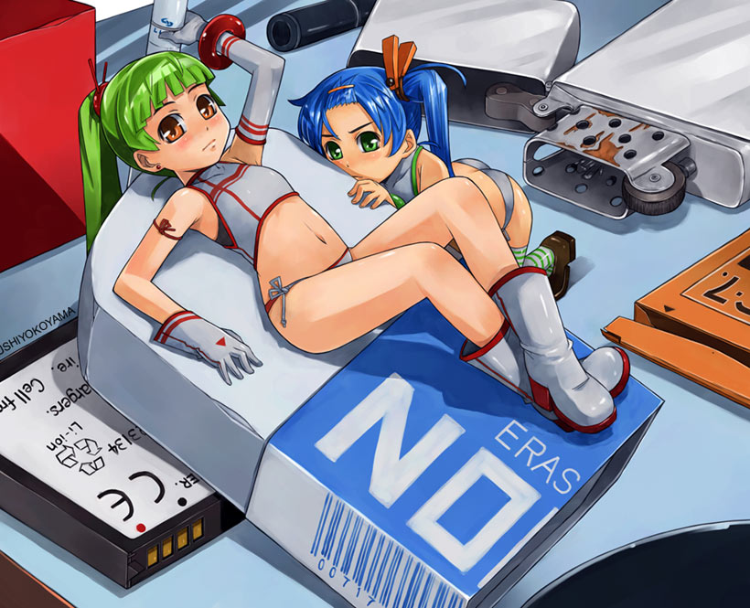 blue_hair, eraser, flat_chest, green_eyes, green_hair, long_hair, minigirl, orange_eyes, original, ponytail, yokoyama_yasushi
