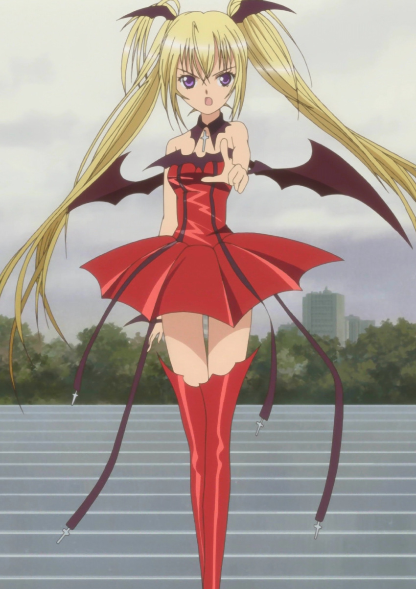angry, bare_shoulders, bat_wings, blonde_hair, boots, cross, flat_chest, gothic, head_wings, highres, hoshina_utau, long_hair, lunatic_charm, pointing, ribbon, screencap, shugo_chara!, skirt, stitched, thigh-highs, thigh_boots, twintails, very_long_hair, violet_eyes, wings, zettai_ryouiki