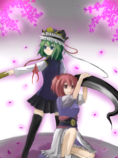 bad_id, blue_eyes, cherry_blossoms, female, green_hair, kame, onozuka_komachi, pink_eyes