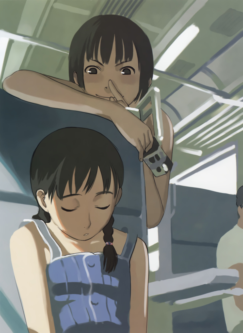 brown_eyes, brown_hair, dress, closed_eyes, highres, inside_bus, loli, restored, short_hair, sleeping, takamichi