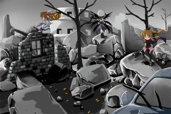 3girls, aiai, bardiche, bare_tree, belt, beret, black_wings, blonde_hair, brown_hair, cape, car, city, cropped_jacket, debris, fate_testarossa, fingerless_gloves, floating_hair, gloves, ground_vehicle, hat, jacket, long_hair, looking_away, looking_down, lyrical_nanoha, magical_girl, mahou_shoujo_lyrical_nanoha, mahou_shoujo_lyrical_nanoha_a's, monochrome, motor_vehicle, multiple_girls, multiple_wings, raising_heart, redhead, ruins, schwertkreuz, shell_casing, sitting, skirt, spot_color, staff, standing, takamachi_nanoha, tree, twintails, vehicle, very_long_hair, waist_cape, wall, wind, wings, yagami_hayate