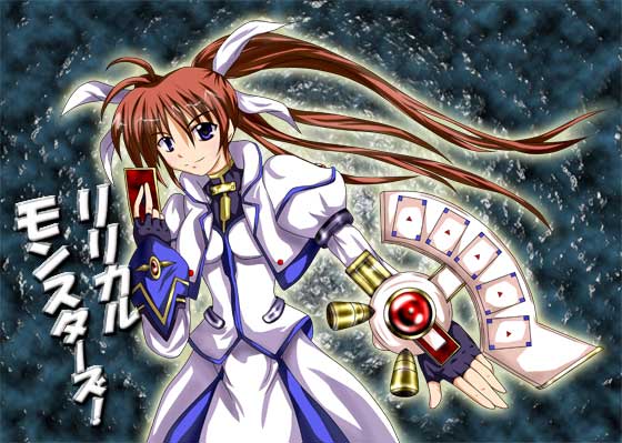 1girl, alternate_weapon, card, duel_disk, holding, holding_card, lyrical_nanoha, mahou_shoujo_lyrical_nanoha