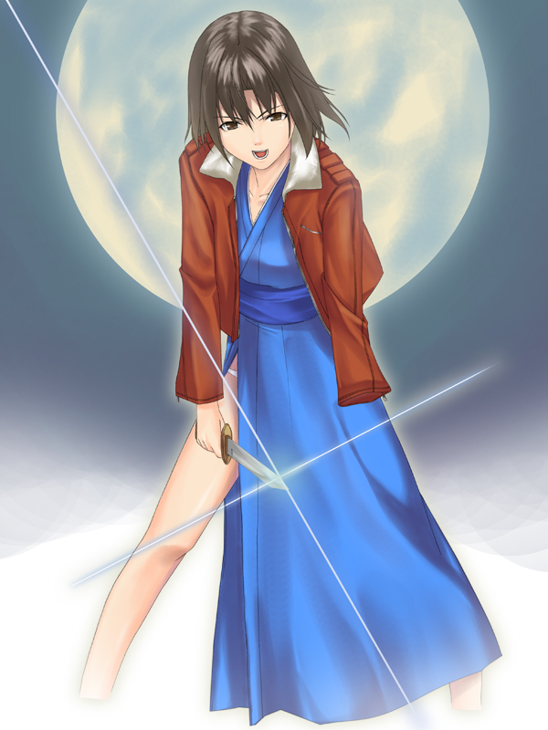 1girl, amputee, bad_id, brown_eyes, brown_hair, full_moon, jacket, japanese_clothes