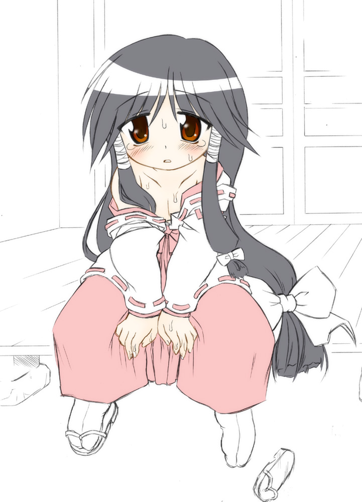1girl, :o, black_hair, collarbone, detached_sleeves, dress, hair_tubes, japanese_clothes, long_hair, long_sleeves, looking_at_viewer, machi_(nagasarete_airantou), marusuke, miko, nagasarete_airantou, parted_lips, red_dress, red_eyes, sidelocks, sitting, solo, very_long_hair