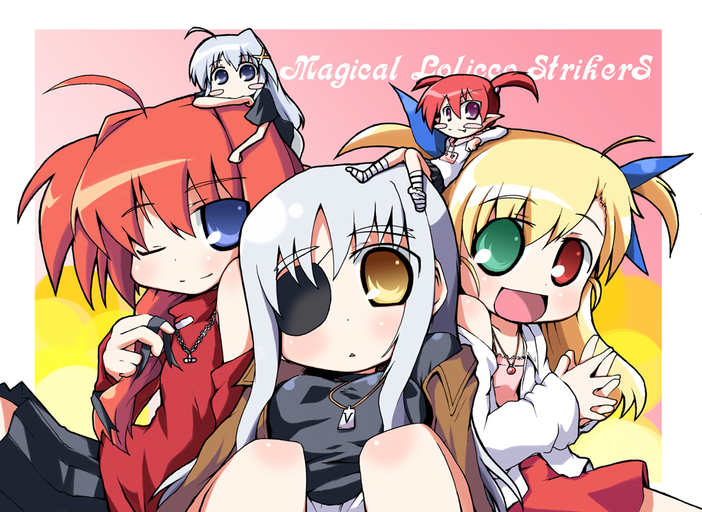 5girls, :d, agito, agito_(nanoha), ahoge, blonde_hair, blue_eyes, border, chibi_on_head, cinque_(nanoha), eyepatch, green_eyes, heterochromia, long_hair, looking_at_viewer, lyrical_nanoha, mahou_shoujo_lyrical_nanoha, mahou_shoujo_lyrical_nanoha_strikers, minigirl, miniskirt, multiple_girls, nanateru, numbers_(nanoha), on_head, open_mouth, red_eyes, redhead, reinforce_zwei, sidelocks, silver_hair, sitting, skirt, smile, tenjou_nanaki, tenjyou_nanaki, upper_body, vita, vivio, yellow_eyes