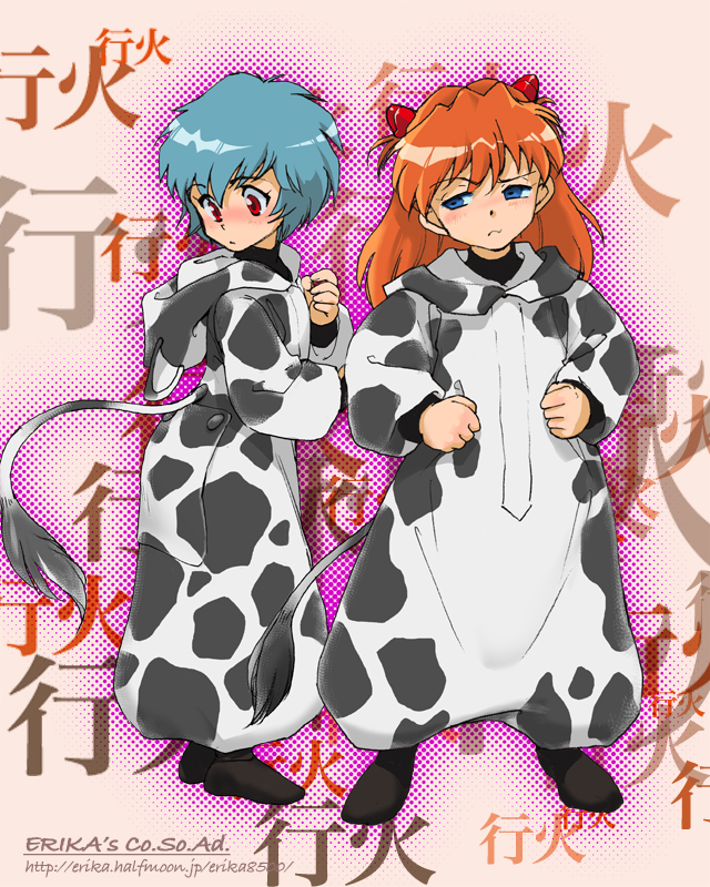 2girls, animal_costume, ayanami_rei, blue_eyes, blue_hair, cow_costume, cow_girl, cow_print