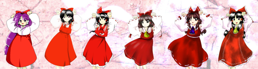 1girl, caramelldansen, cynthia2, evolution, female, hair_tubes, hakurei_reimu, hakurei_reimu_(pc-98)