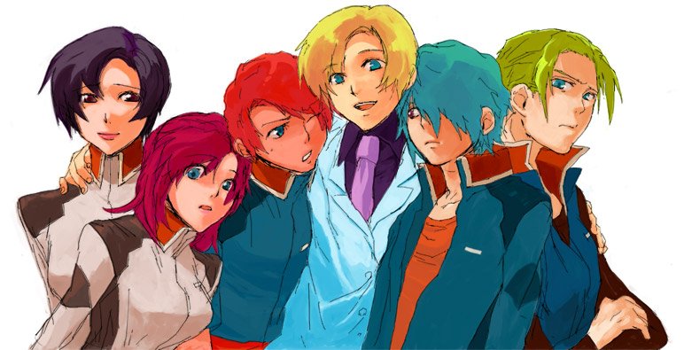 00s, 2girls, 4boys, blonde_hair, blue_eyes, blue_hair, clotho_buer, flay_allster