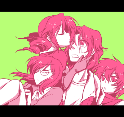 1girl, 3boys, blush, collarbone, feldt_grace, green_background, gundam, gundam_00, hio_(artist), kiss, letterboxed, lockon_stratos, lowres, monochrome, multiple_boys, parted_lips, pink, pink_hair, setsuna_f_seiei, short_hair, simple_background, tieria_erde, twintails