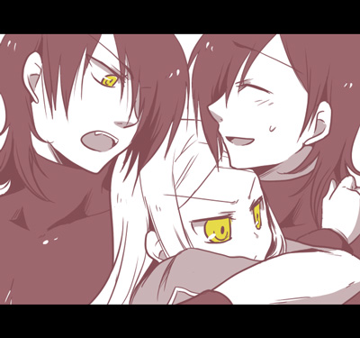 >:), 1girl, 2boys, :d, ^_^, ^o^, allelujah_haptism, blush