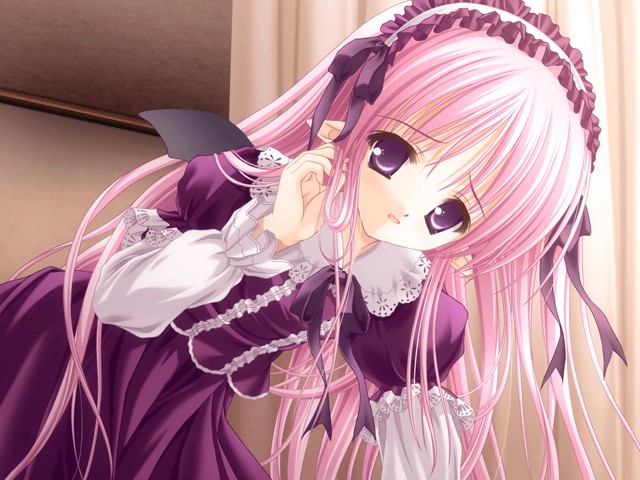 1girl, adjusting_hair, cafe_little_wish, game_cg, gothic, gothic_lolita, hairband, lolita_fashion