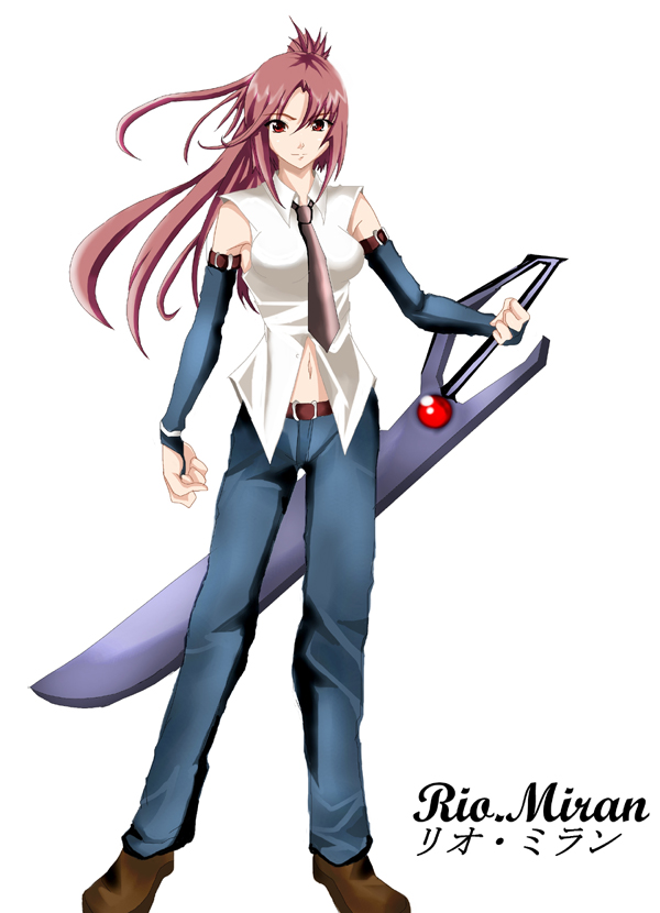 denim, detached_sleeves, jeans, navel, necktie, original, pants, red_eyes