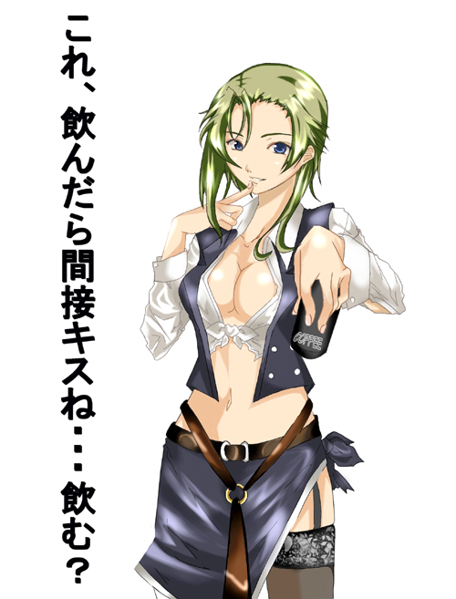 1girl, blue_eyes, breasts, cleavage, green_hair, large_breasts, legwear, midriff